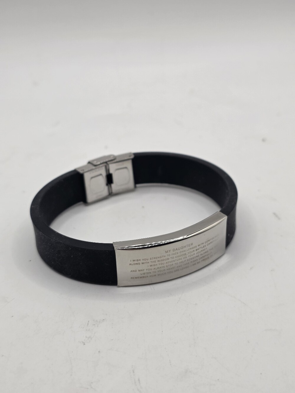 To My Daughter Inspirational Engraved Stainless Steel Black Silicone Wristband